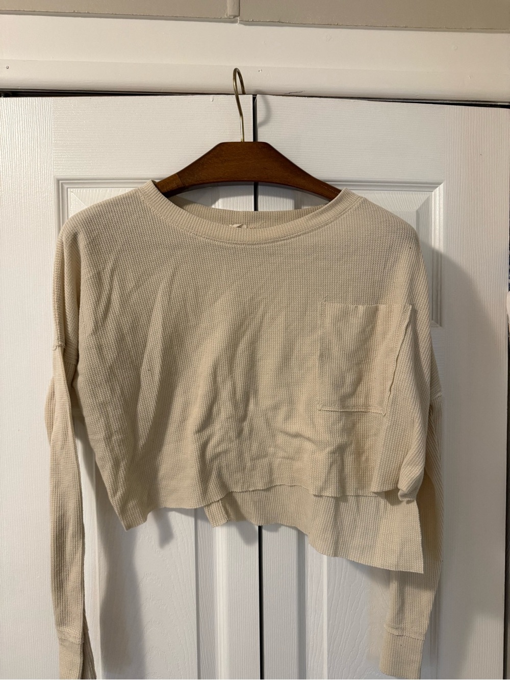 Altar'd State Cream Waffle-Knit Cropped Long-Sleeve Top